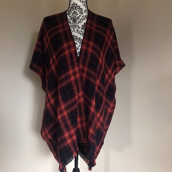 NWT Ann Taylor LOFT Modern Plaid Wrap - Navy Blue Orange/Red - Size M/L - Picture 4 of 9